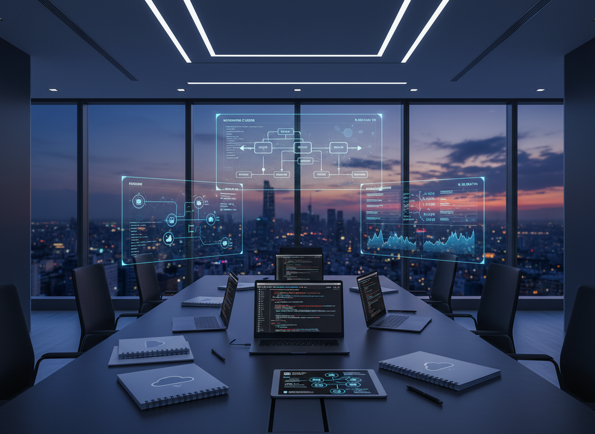 A sleek cloud architecture control room composed entirely of technology objects instead of people, featuring floating holographic diagrams of Kubernetes clusters, CI/CD pipelines, and service reliability dashboards hovering above a dark matte conference table. On the table rest open laptops, a network topology sketch on a tablet, and neatly arranged notebooks with cloud icons. Large panoramic windows reveal a distant city skyline at dusk, with cool blue ambient light mixing with the soft glow of LED strips along the ceiling. Photographic realism from a slightly elevated angle, with shallow depth of field that keeps the center table and holograms crisp while the background blurs. The mood is calm, modern, and strategic, evoking enterprise-scale planning and cloud transformation.
