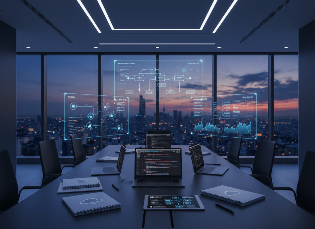 A sleek cloud architecture control room composed entirely of technology objects instead of people, featuring floating holographic diagrams of Kubernetes clusters, CI/CD pipelines, and service reliability dashboards hovering above a dark matte conference table. On the table rest open laptops, a network topology sketch on a tablet, and neatly arranged notebooks with cloud icons. Large panoramic windows reveal a distant city skyline at dusk, with cool blue ambient light mixing with the soft glow of LED strips along the ceiling. Photographic realism from a slightly elevated angle, with shallow depth of field that keeps the center table and holograms crisp while the background blurs. The mood is calm, modern, and strategic, evoking enterprise-scale planning and cloud transformation.