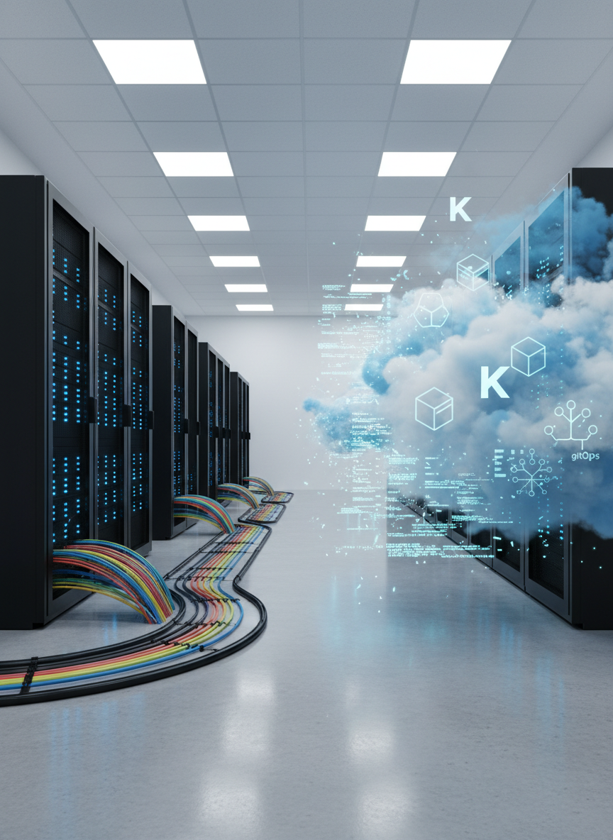 A modern server room transitioning into a cloud environment, with one side showing tall black server racks with subtle blue indicator lights and the other side dissolving into semi-transparent cloud forms filled with Kubernetes logos, container icons, and GitOps symbols. Fiber-optic cables run neatly along the floor, gradually transforming into glowing lines of code floating upward. Overhead, soft diffused white lighting reflects off polished concrete, creating clean highlights without harsh glare. Captured at eye level with a wide-angle lens, providing sharp focus throughout. The atmosphere is precise, secure, and high-tech, symbolizing hybrid cloud migration for large enterprises in a photorealistic, minimalist style.